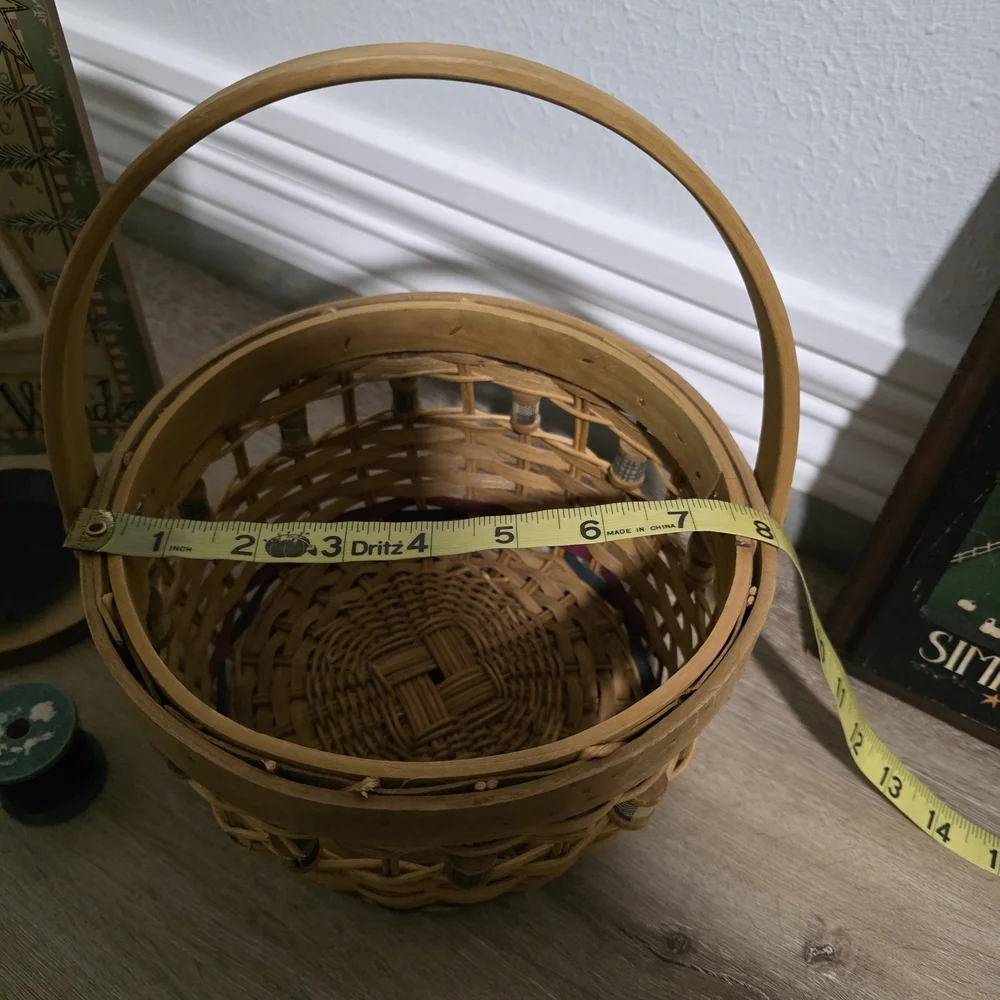 Primitive Set Checkered Fabric Top Sewing Basket with Wooden Spool Theme.